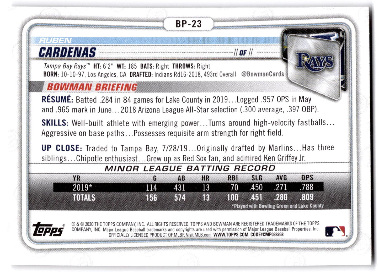 2020 Bowman #BP-23 Ruben Cardenas 1st Bowman Prospects NRMT