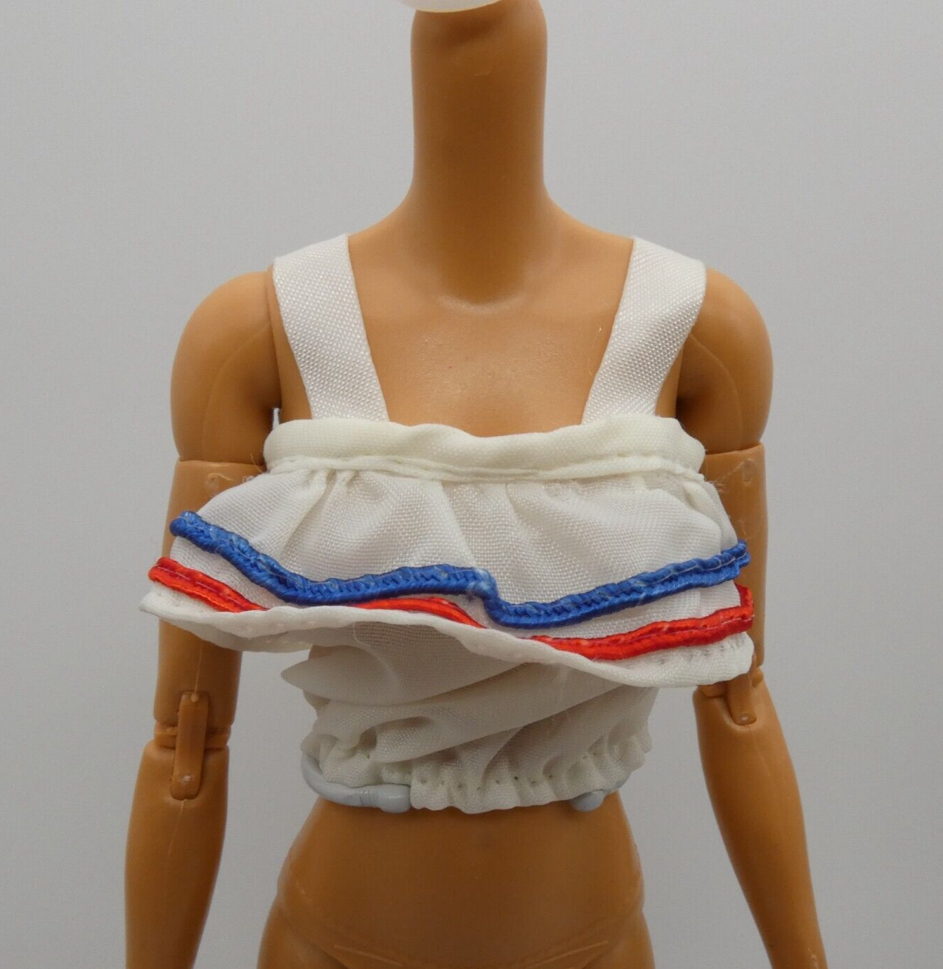 Barbie Doll Size Top White Red Blue Accents Sleeveless Tank Wide Strap Ruffles