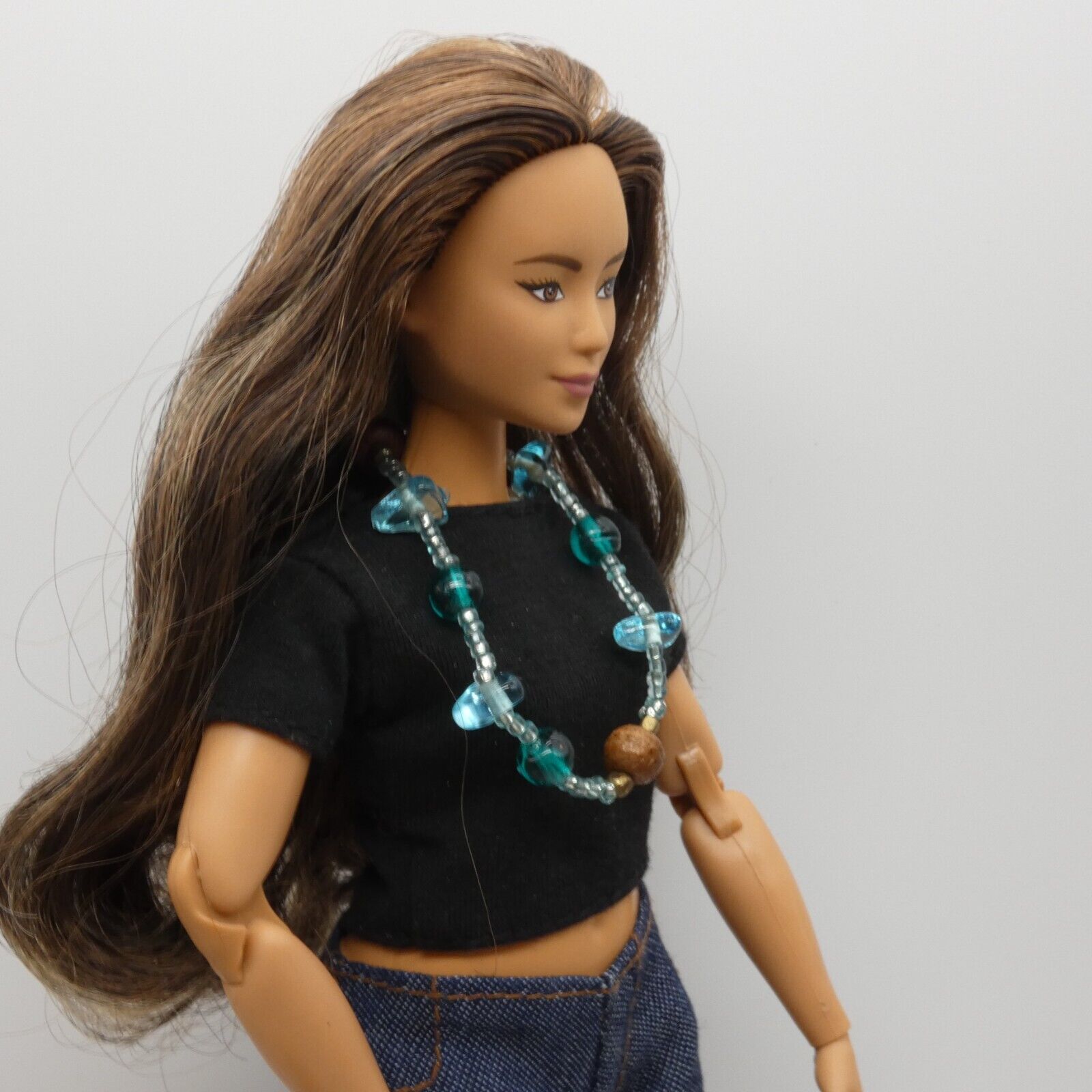 Barbie Doll Size Blue Teal Turquoise Long Beaded Necklace Wood Beads Fashion