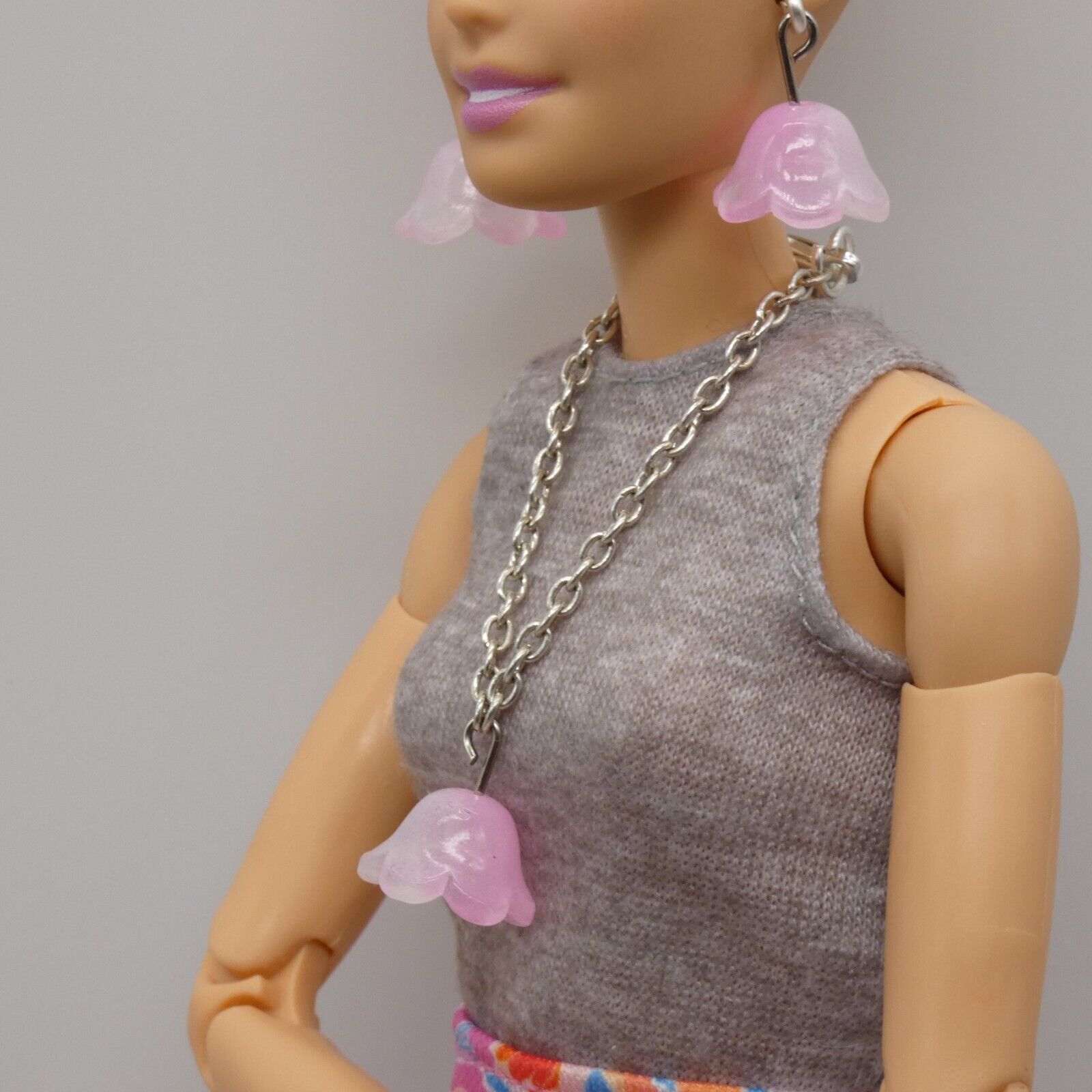 Barbie Doll Size Pink Tulip Earrings And Necklace Pendant Silver Chain Handmade