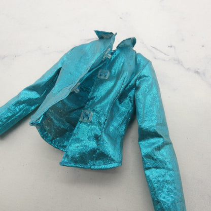 Barbie Doll Size Top Turquoise Metallic Long Sleeve Collar Front Closure 90s