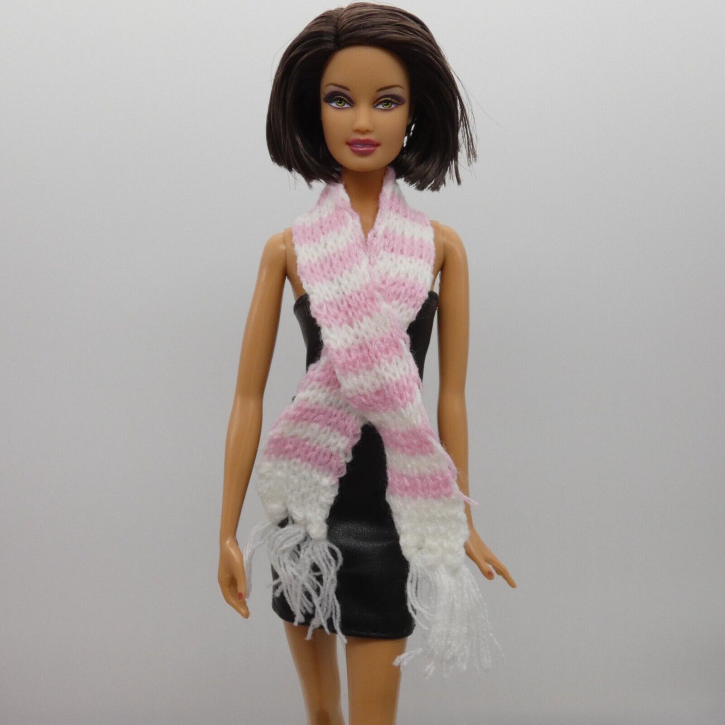 Scarf For Integrity Toys Barbie Size Doll Pink White Stripe Fringe Knitted FR