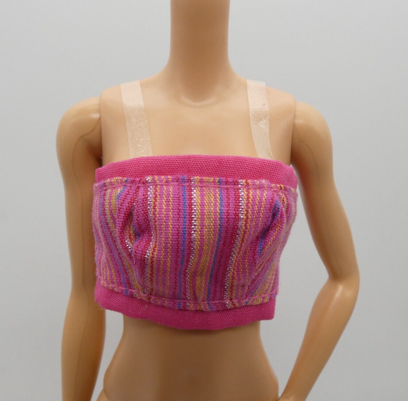 Barbie Doll Size Crop Tank Top Pink Vertical Stripes Sleeveless Clear Straps