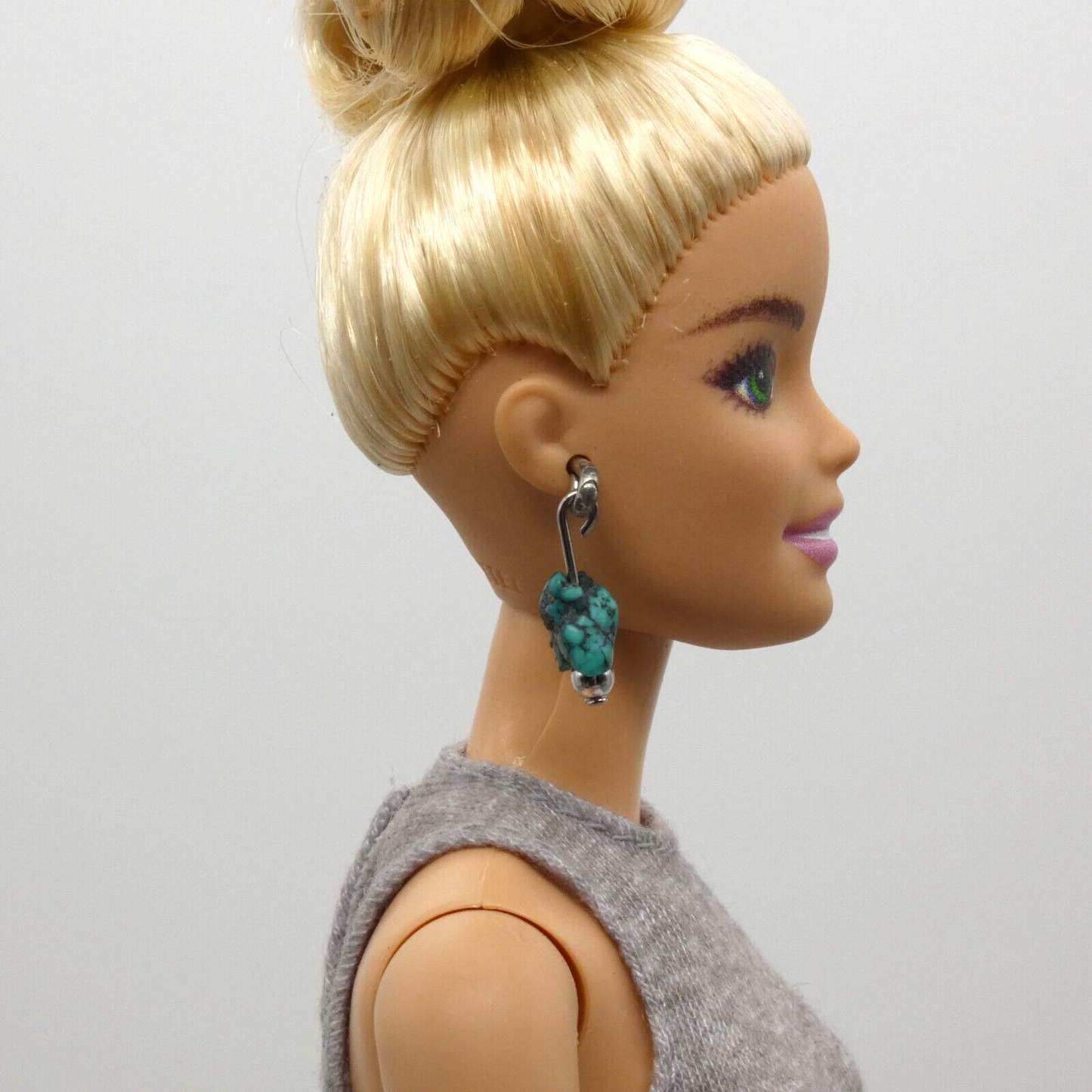 Barbie Doll Size Dangle Earrings Turquoise And Silver Handmade OOAK