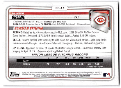 2020 Bowman #BP-47 Hunter Greene Prospects NRMT