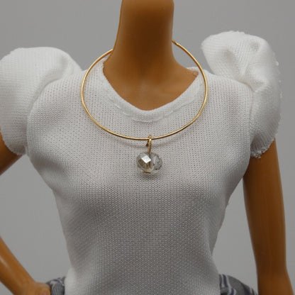 Barbie Doll Size Necklace Choker Gold Tone Band Clear Faceted Rhinestone Pendant