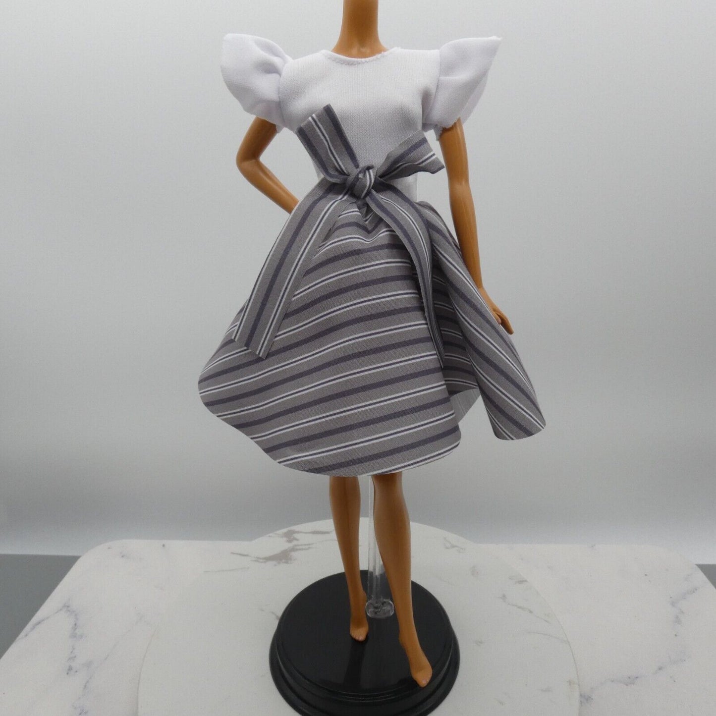 Barbie Doll Size Dress White Top Black Gray Striped Skirt Fits Model Muse MTM