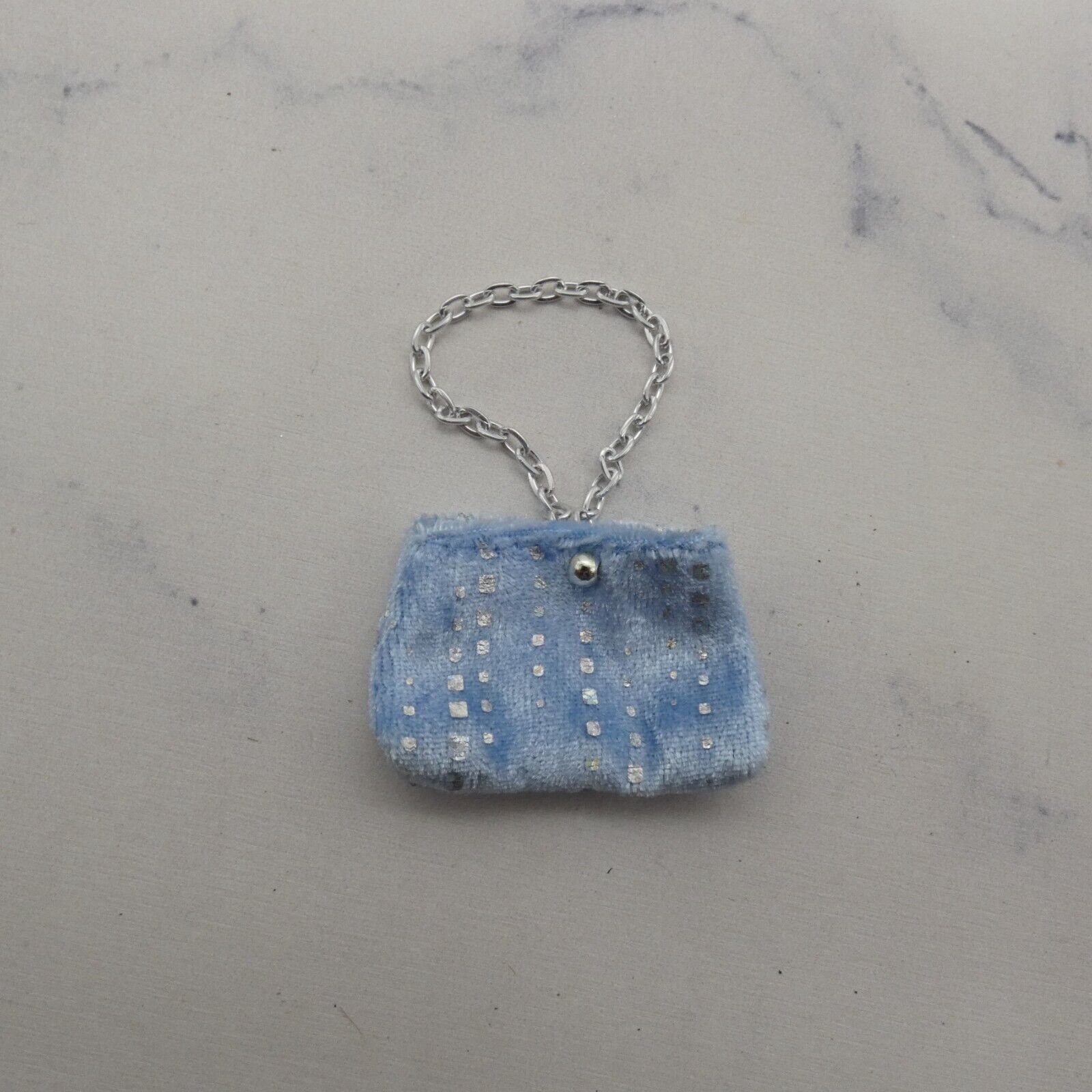 Barbie Doll Size Purse Baby Blue Fleece Felt Fabric Handbag Silver Tone Chain