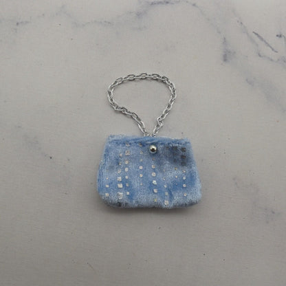 Barbie Doll Size Purse Baby Blue Fleece Felt Fabric Handbag Silver Tone Chain