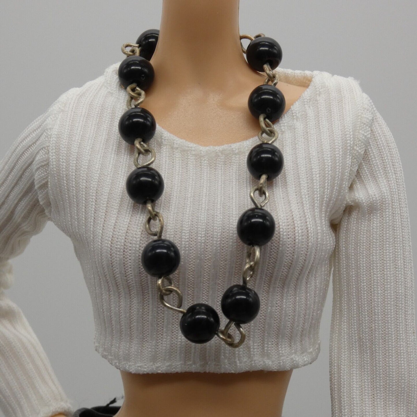 Barbie Doll Size Necklace Beaded Black Silver Chain  fits 11.5 Inch Handmade