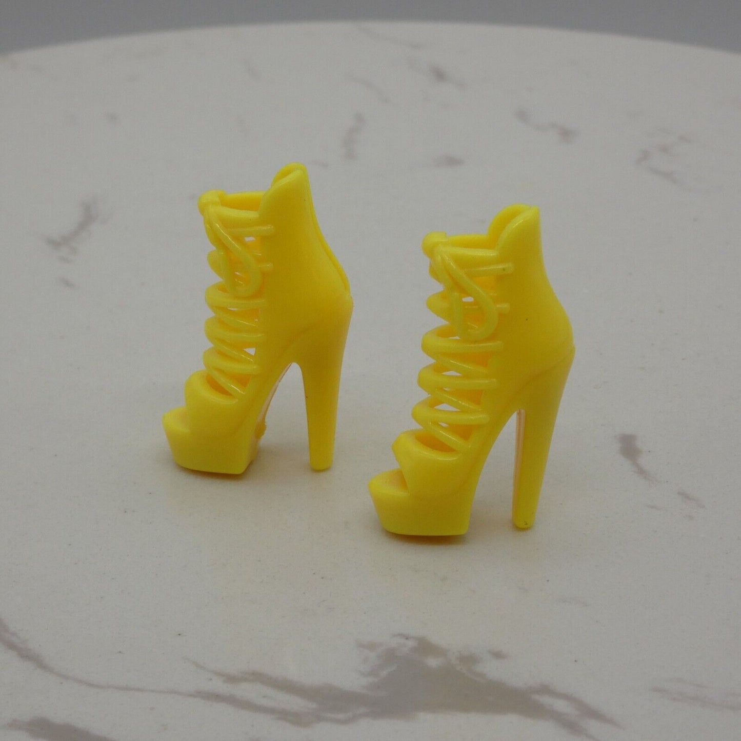 Barbie Doll Size Shoes High Heel Yellow Open Toe Sandals Strappy Lace Up Clone