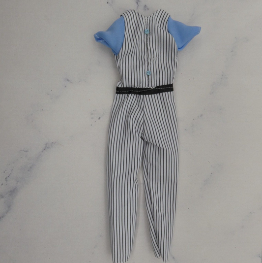 Ken Doll Size Baseball Jersey Jumpsuit White Black Pinstripe Blue Short Sleeve