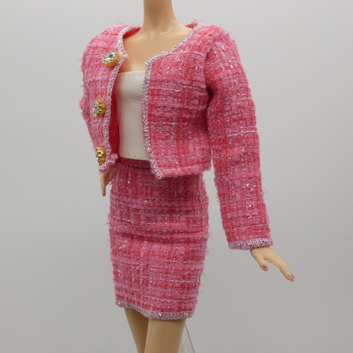 Barbie Doll Size Pink Tweed Suit Jacket Skirt Tube Top Fits Model Muse Xian Xian