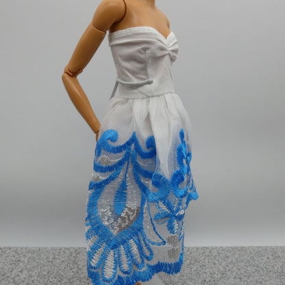 Barbie Doll Size Dress White Blue Accent Strapless Sleeveless Sweetheart Bodice