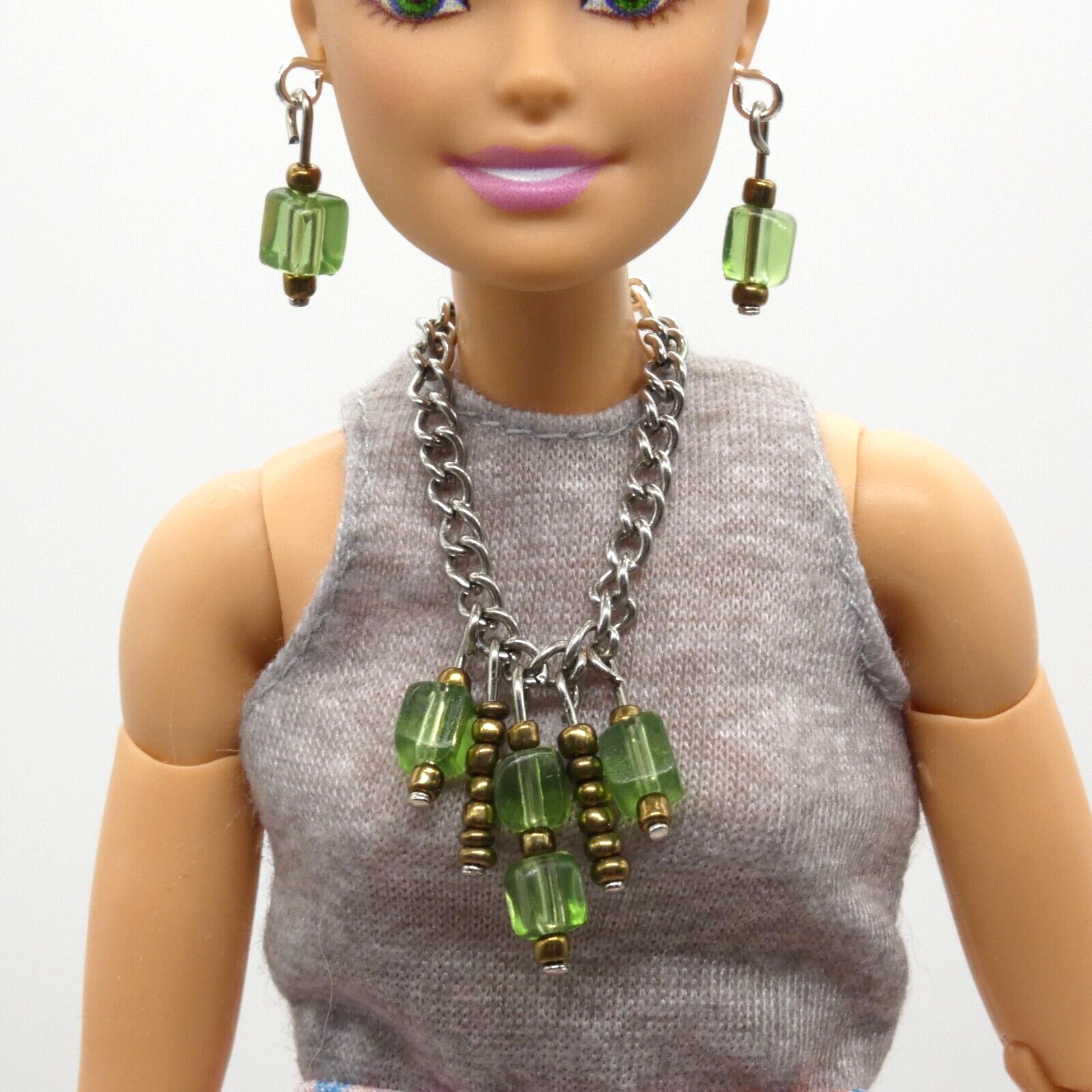 Barbie Doll Size Necklace And Earrings Green Copper Dangle Beads Silver Chain