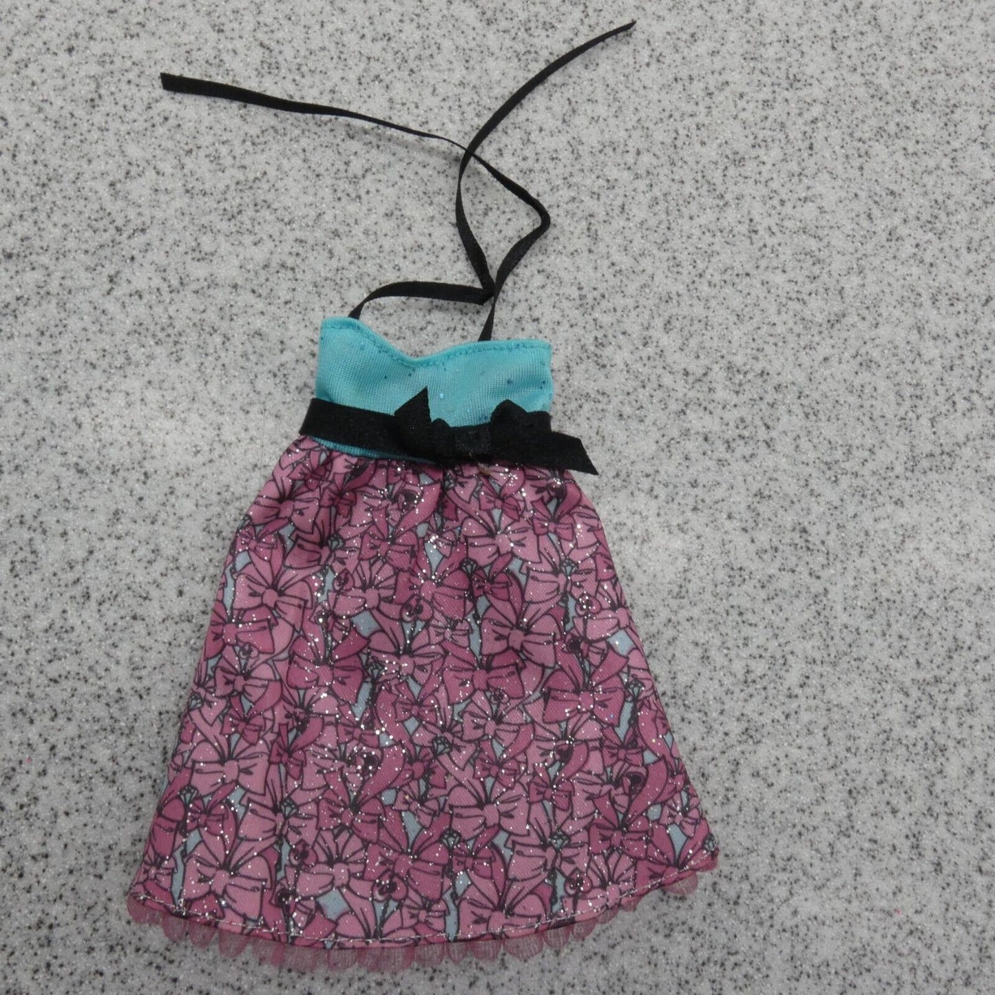 Barbie Doll Fashion Dress Aqua Baby Doll Halter Top Pink Bow Print Skirt Mattel