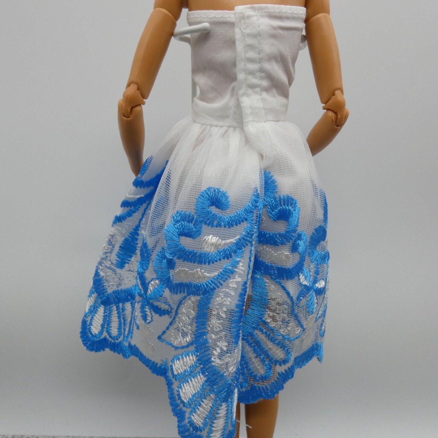 Barbie Doll Size Dress White Blue Accent Strapless Sleeveless Sweetheart Bodice