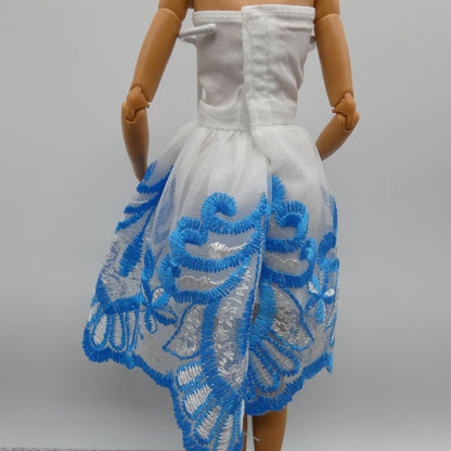 Barbie Doll Size Dress White Blue Accent Strapless Sleeveless Sweetheart Bodice