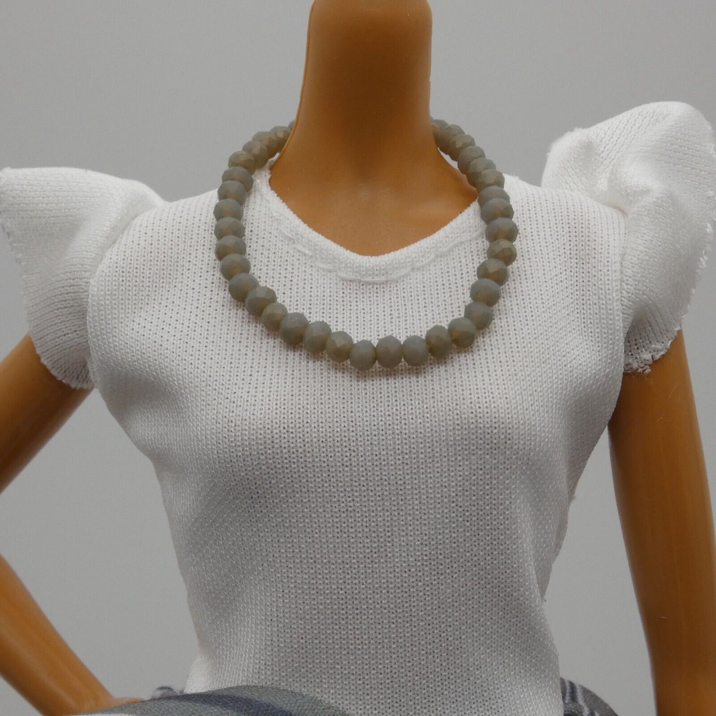 Barbie Doll Size Matte Gray Beaded Necklace Choker Faceted Stretch Classy