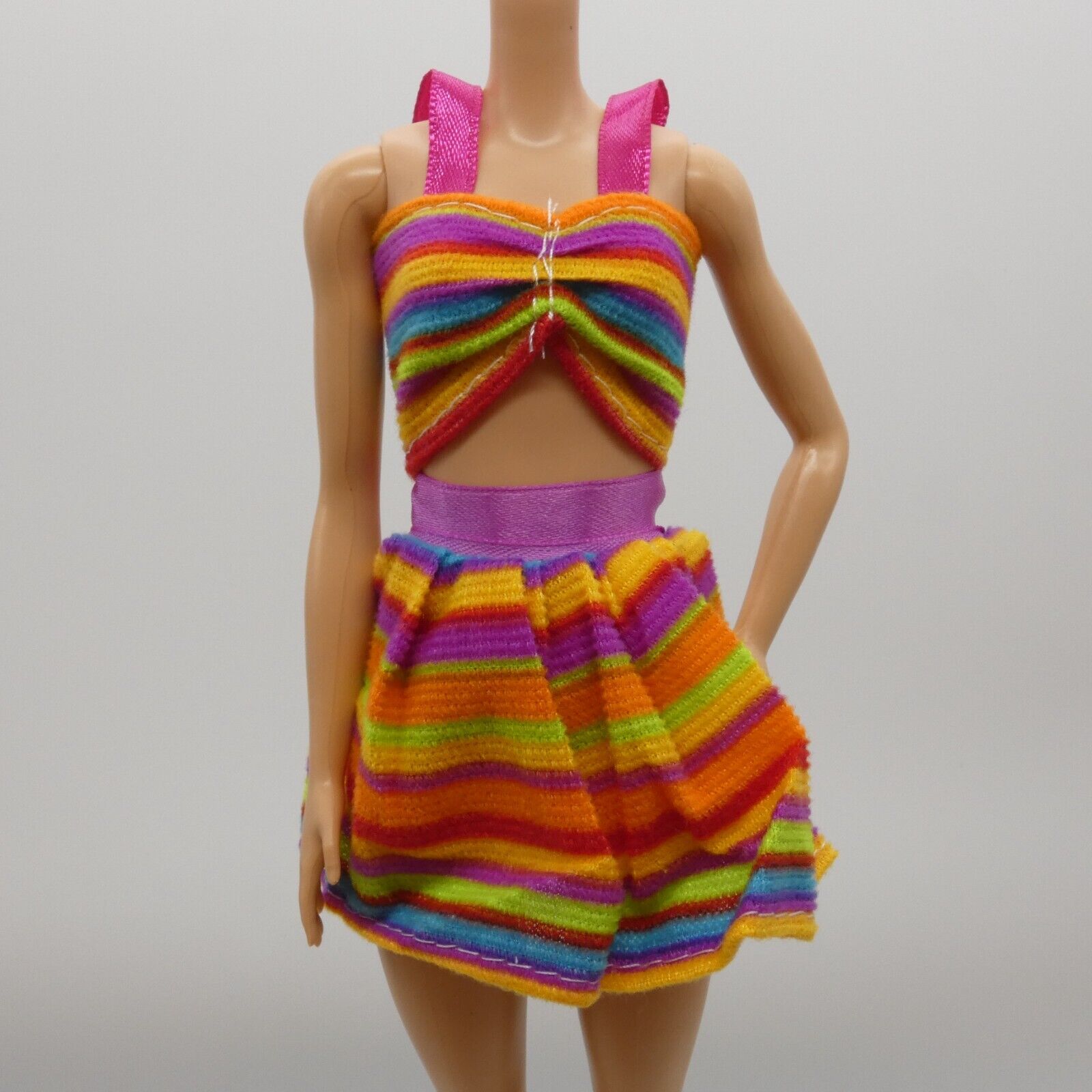 Barbie Doll Size Two Piece Bikini Swimsuit Top Skirt Rainbow Striped Clone