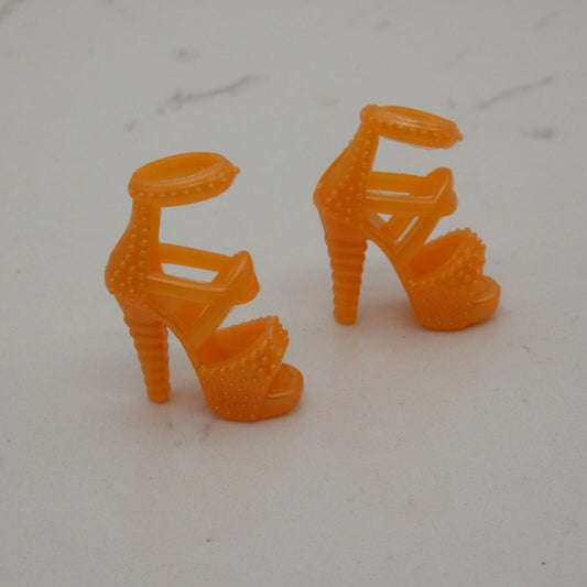 Barbie Doll Size Shoes High Heel Orange Ankle Strap Open Toe Studs Chunky Clone