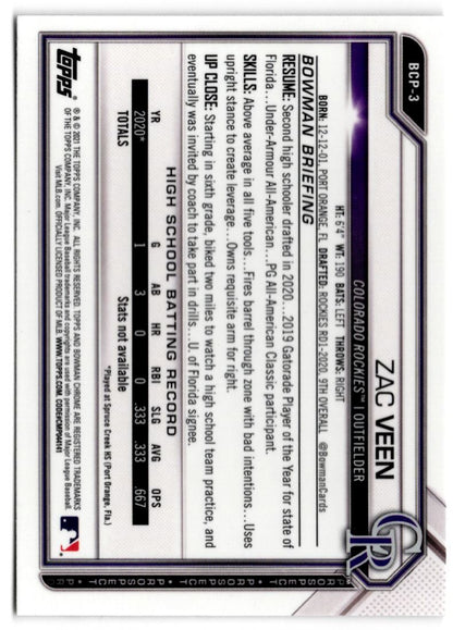 2021 Bowman Chrome Prospects Zac Veen Colorado Rockies #BCP-3 002