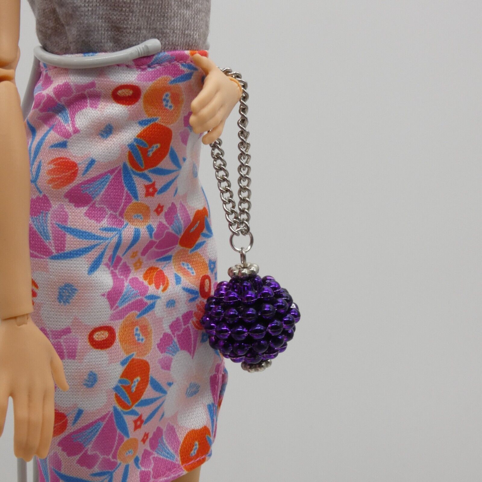 Barbie Doll Purse Handmade Purple Ball Silver Chain Strap Handbag Wristlet