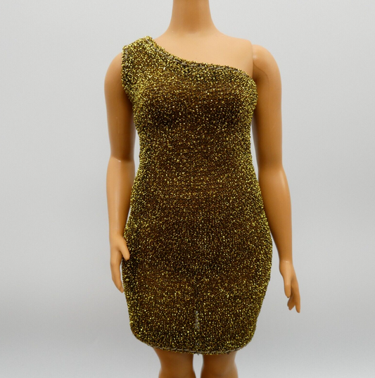 Barbie Curvy Doll Size Dress Gold Sheer Sparkle One Shoulder Form Fitting