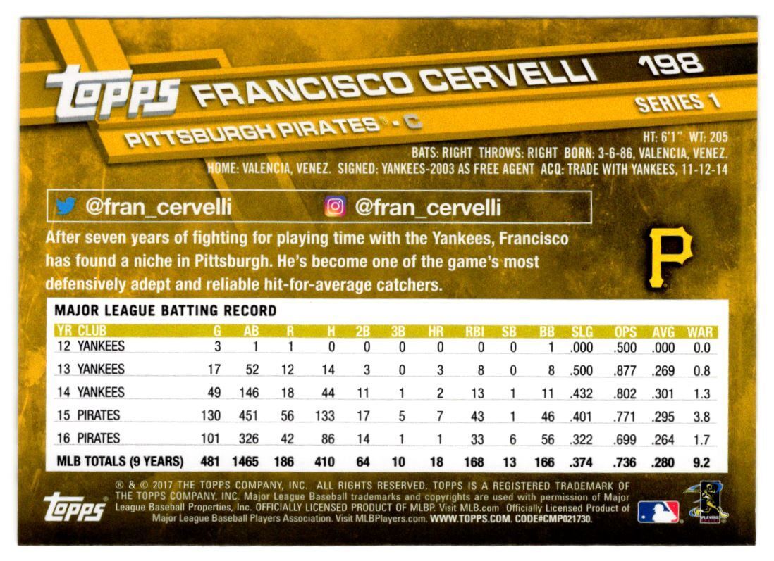 2017 Topps Francisco Cervelli Pittsburgh Pirates #198