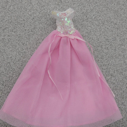 Barbie Doll Size Dress Pink Gown Cold Shoulder Sequins Silver Bodice Tulle B2