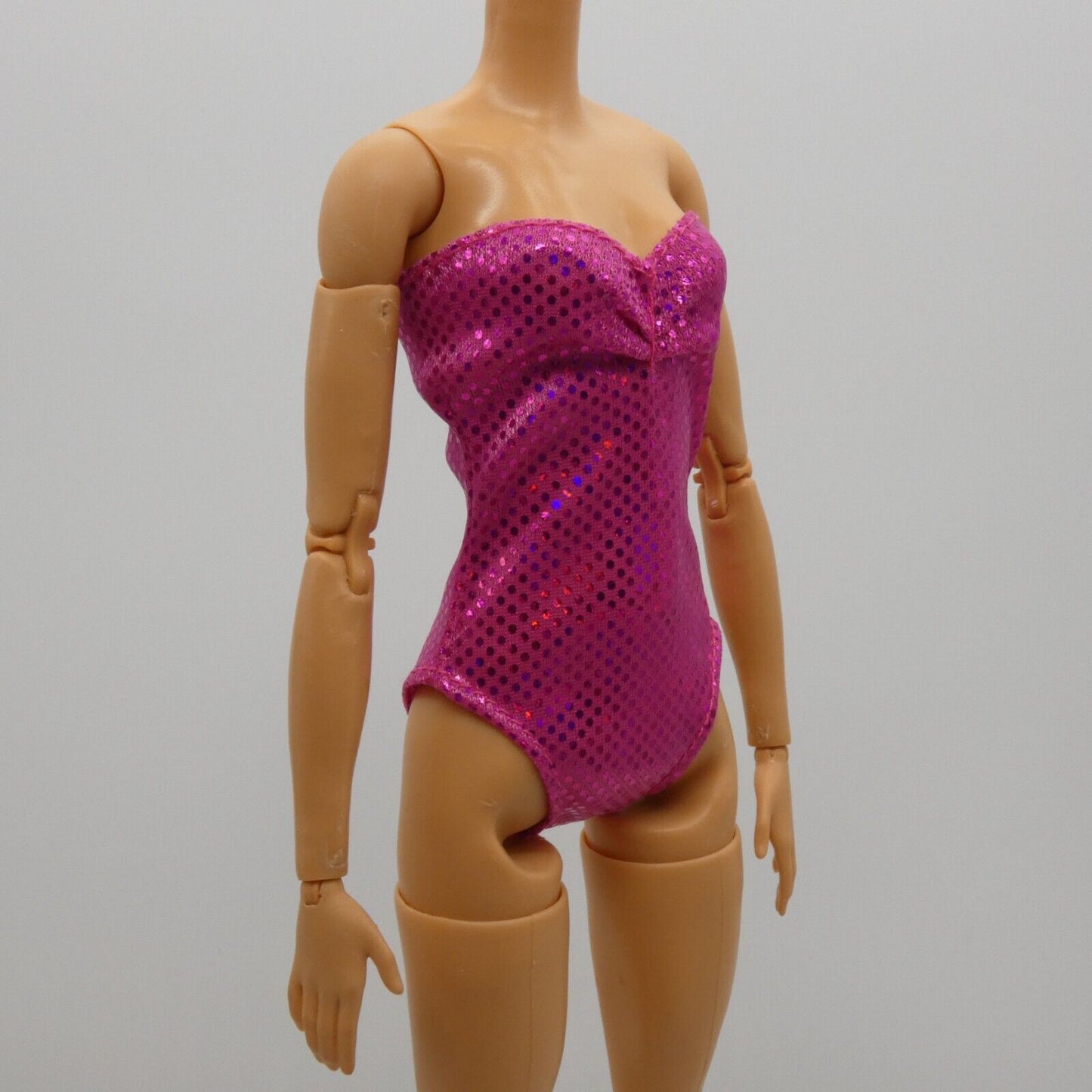 Barbie Doll Size Metallic Pink Swimsuit One Piece Solid Magenta Strapless Clone