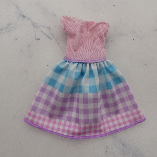 Barbie Doll Dress Pink Short Sleeve Bodice Multicolor Gingham Skirt Mid Thigh