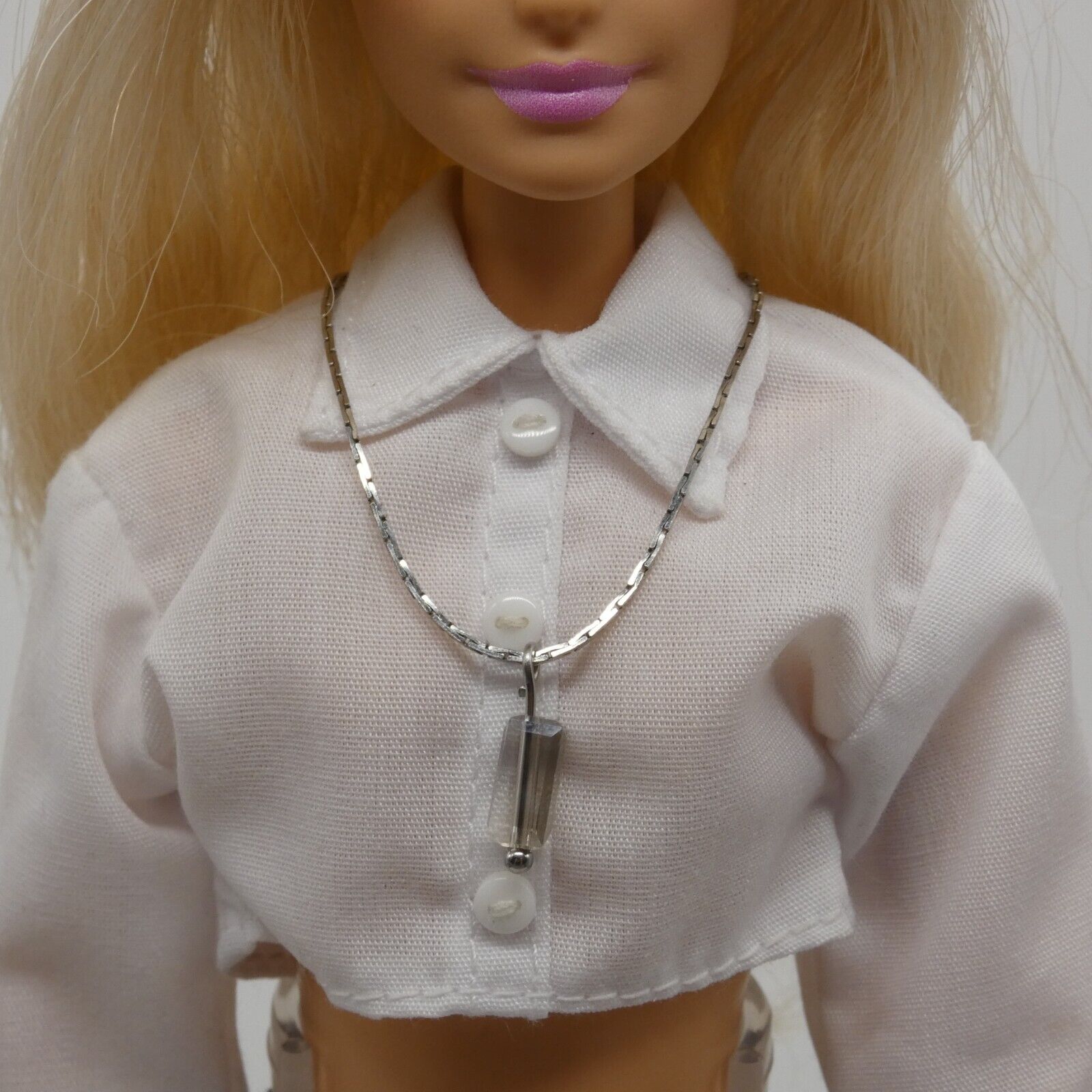 Barbie Doll Size Necklace Clear Gray Faceted Pendant Rectangle Silver Chain