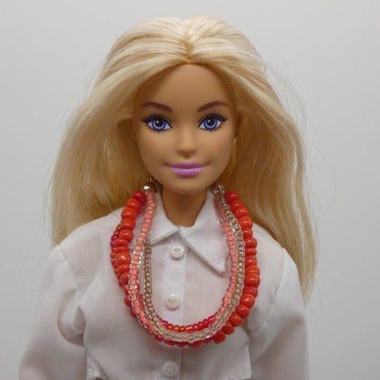 Barbie Doll Size Layered Necklace Red Pink Silver Multi-strand Handmade OOAK