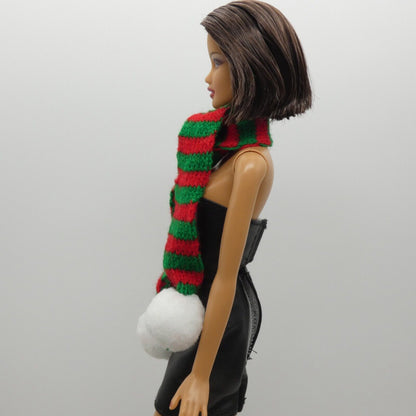 Scarf For Integrity Toys Barbie Size Doll Red Green Stripe White Puff Ball Knit