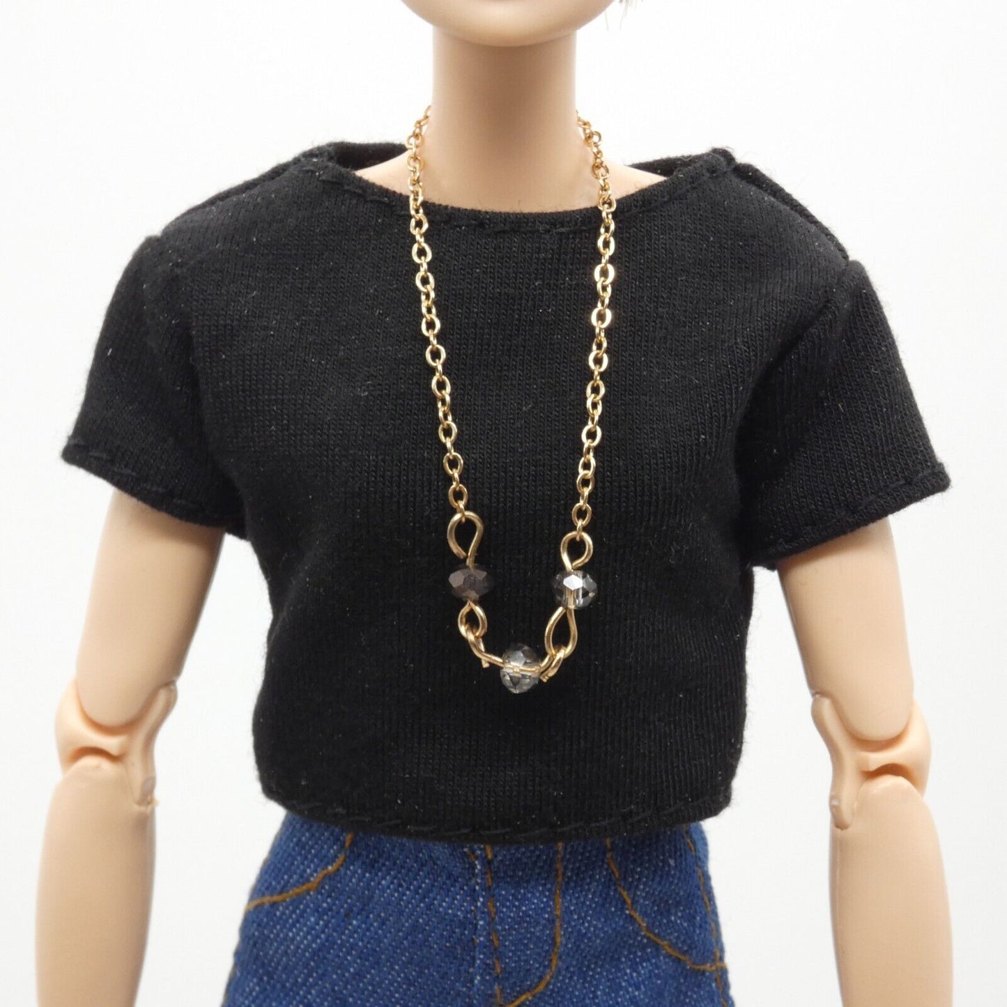 Barbie Doll Size Long Gold Tone Chain Necklace Black White Rhinestone Handmade