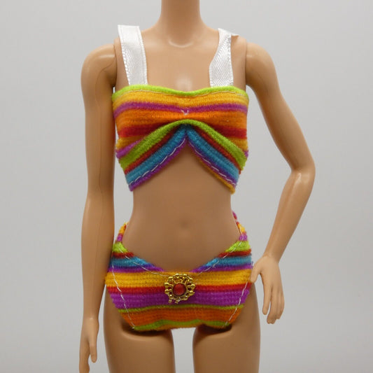 Barbie Doll Size Bikini Swimsuit Two Piece Rainbow Multicolor Striped Clone