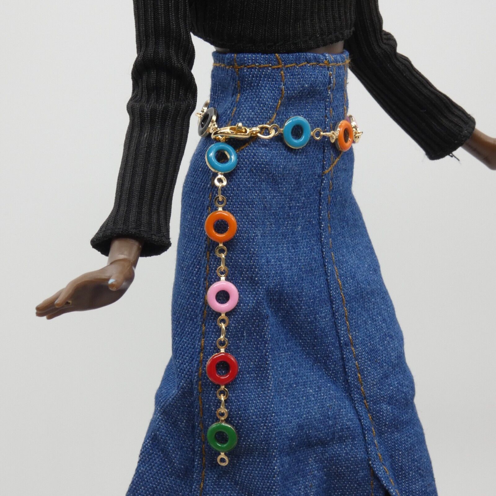 Barbie Doll Size Belt Multi Color Beaded Silver Chain Handmade Adjustable