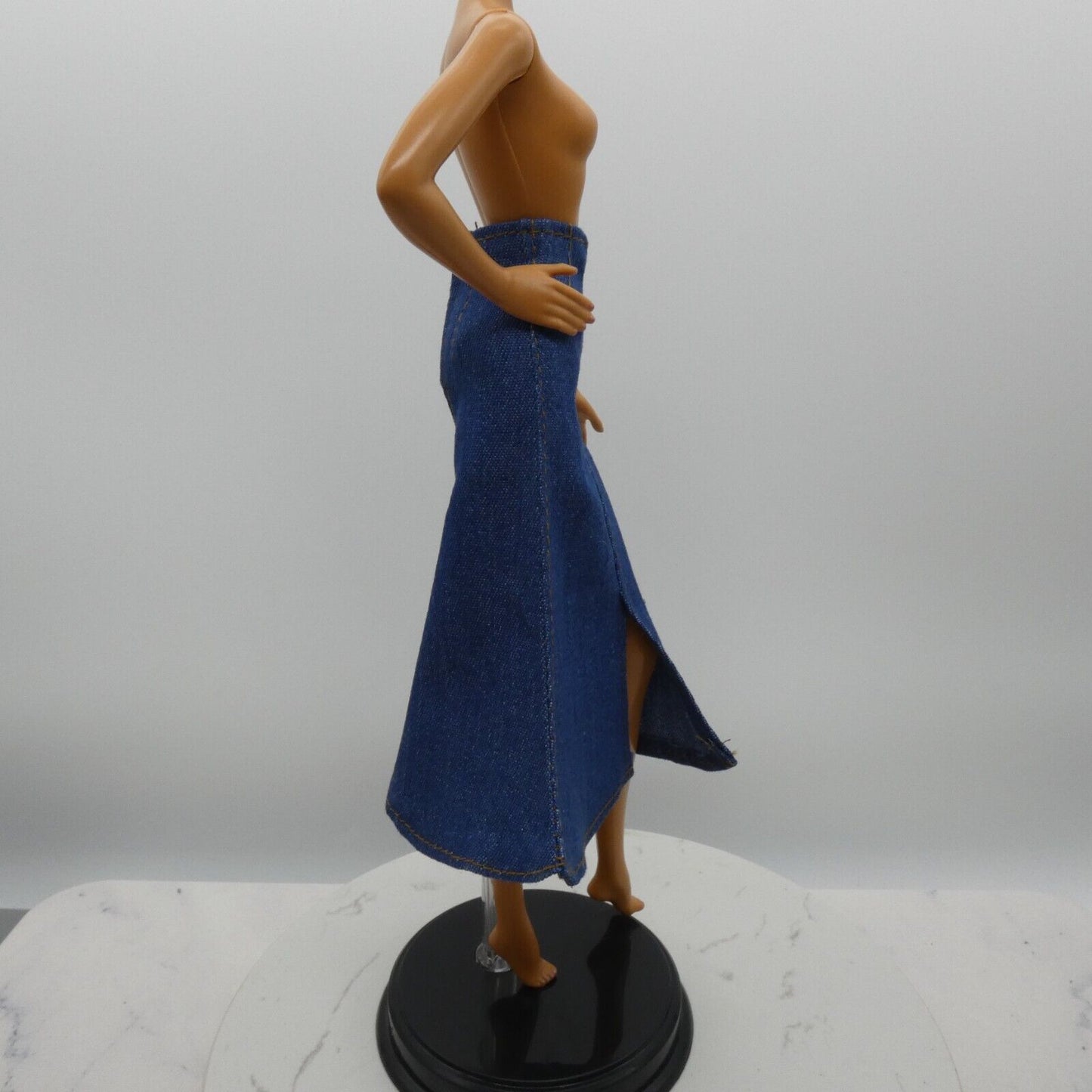 Barbie Doll Size Long Skirt Blue Denim Maxi A Line Ankle Slit Fits Model Muse