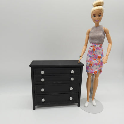 1/6 Scale Doll Furniture Decor Bedroom Black 4 Operable Drawer Dresser Silver Knobs Barbie Integrity FR 1:6 Diorama