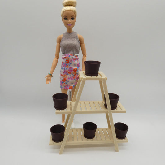 1/6 Scale Doll Furniture Flower Pot Shelf Tan Brown 3 Tier With 6 Pots Barbie Integrity FR 1:6 Diorama