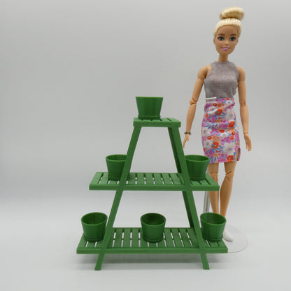 1/6 Scale Doll Furniture Flower Pot Shelf Tan Brown 3 Tier With 6 Pots Barbie Integrity FR 1:6 Diorama