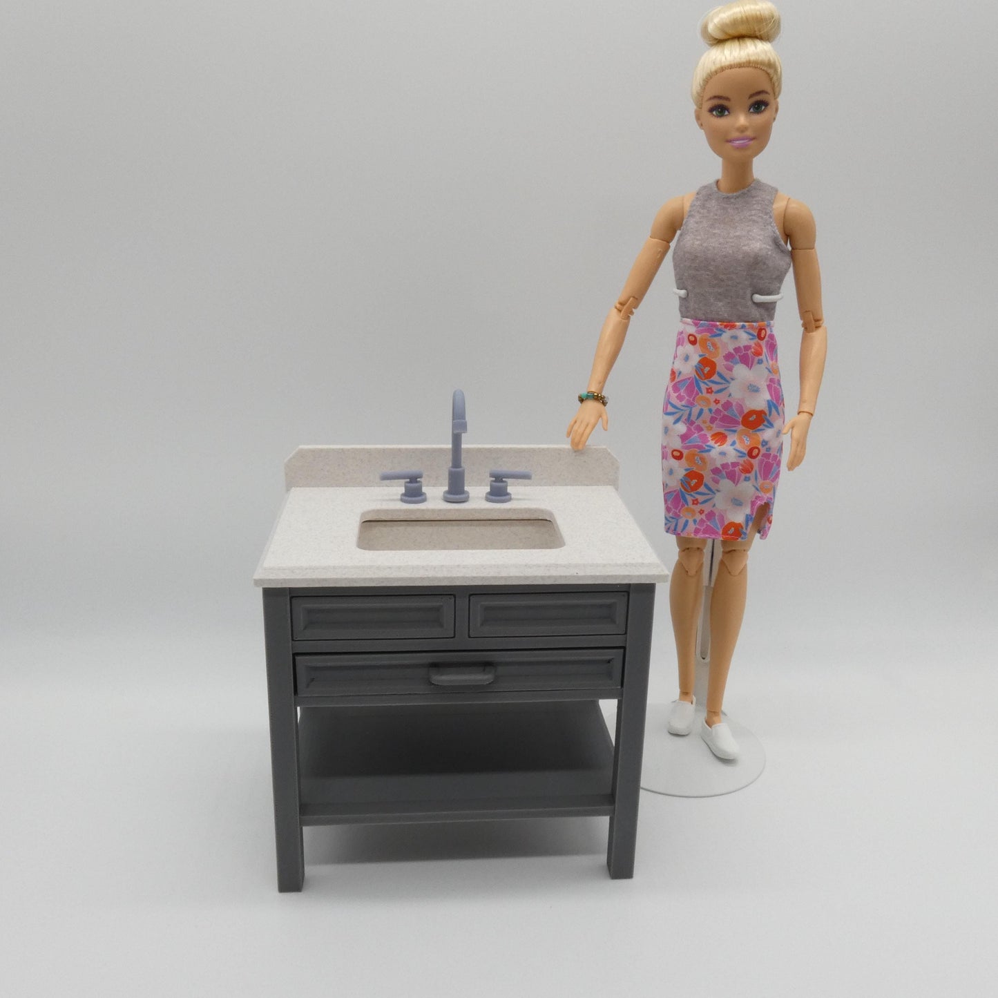 1/6 Scale Doll Furniture Bathroom Single Sink Gray Cabinet White Marbled Top OR Choose Your Own Colors 1:6 Barbie Integrity FR Bratz Diorama