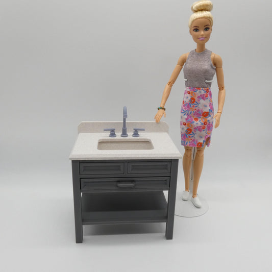 1/6 Scale Doll Furniture Bathroom Single Sink Gray Cabinet White Marbled Top OR Choose Your Own Colors 1:6 Barbie Integrity FR Bratz Diorama