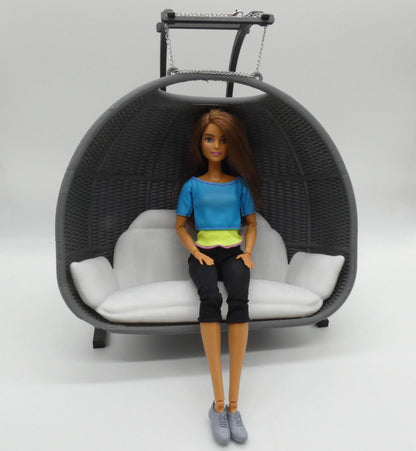 1/6 Scale Doll Furniture Decor Hanging Wicker Gray Porch Swing With White Seat Pad Chain Attach Barbie Integrity Toys FR Bratz 1:6 Diorama