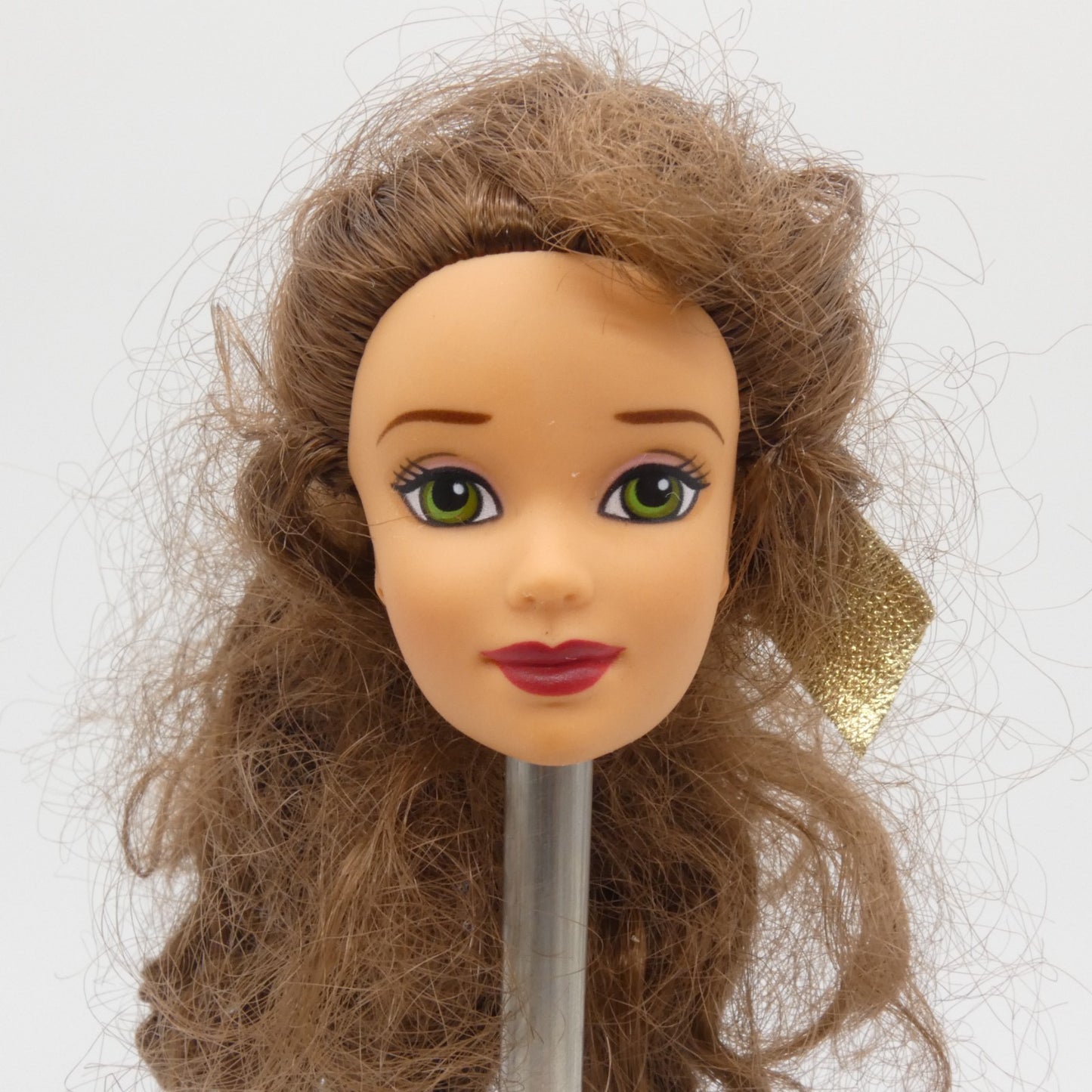 Disney Holiday Princess Belle Doll Head Only Brunette Hair Gold Bow 1997 Barbie