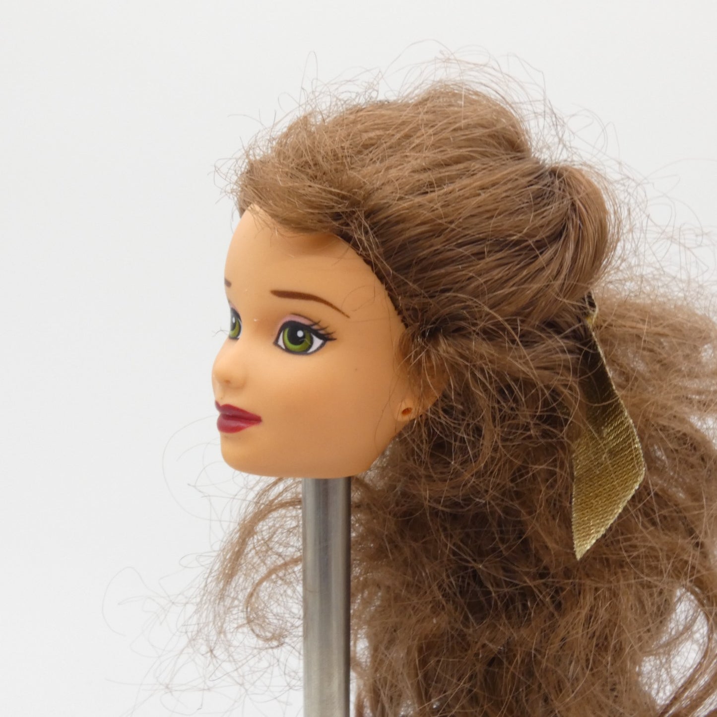 Disney Holiday Princess Belle Doll Head Only Brunette Hair Gold Bow 1997 Barbie